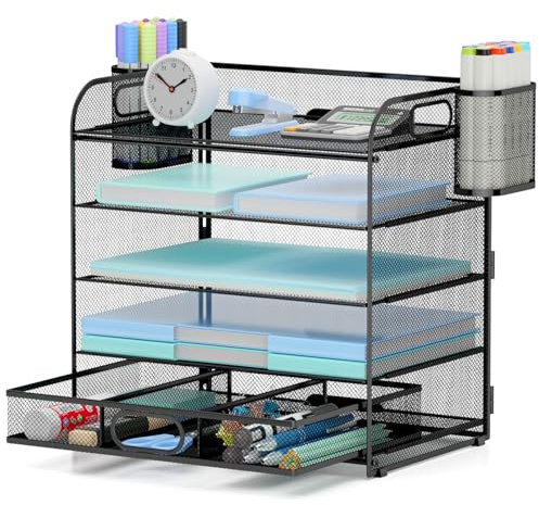 HELZOI 5 Tier Paper Letter Tray Desk Organiser, Mesh Desk File Organiser Metal Paper Holder, Black Desktop Document Shelf Tray Storage for Office School Home (5 Tier with Drawer and 2 Baskets)