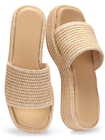 Monrovia Platform Sandals Women Raffia Espadrille Slides, Woven Straw Flatform Beach Sandals Women, Slip On Summer Vacation Shoes, Comfortable Casual Daily Wear tan Nude Apricot Khaki 8