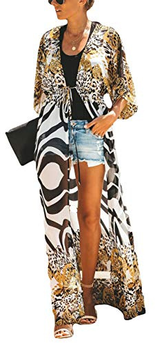 Bsubseach Dam zebratryck kortärmad chiffong bikini täcka upp badkläder kimono cardigan långa blusar