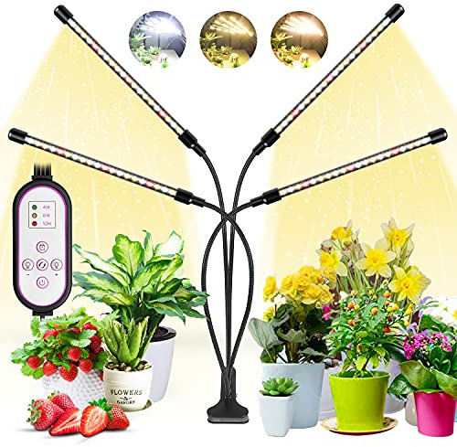 Wolezek Grow Lights for Indoor Plants, 80 LED 4 Heads Full Spectrum Grow Light with Clip, Plant Light with 5000K 3000K 660nm LED Chips, Auto Timer 6 12 16 Hrs, Grow Lamp for Seed Starting