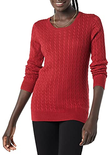 Amazon Essentials lättviktig långärmad kabeltröja med rund hals (finns i plusstorlek), mörkröd, liten