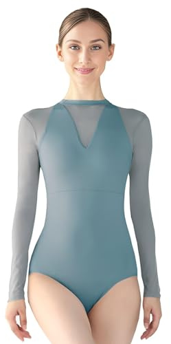 s.lemon Maillot Ballet Mujer,Adulto Cuello Alto Espalda Abierta Malla Manga Larga Maillot Danza Verde 160