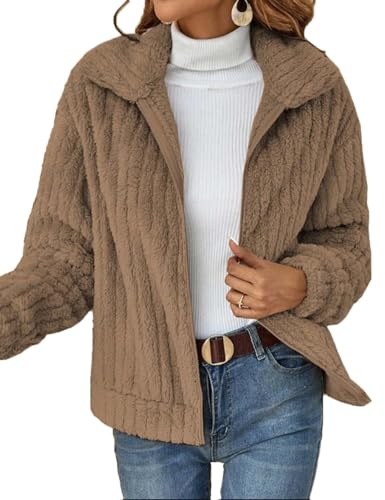 HUXRAKV Manteaux Femme Hiver Veste Courte d'automne en Peluche Blousons avec Poches Zippée Manteau Polaire à Revers,WD20-Kaki,XXL