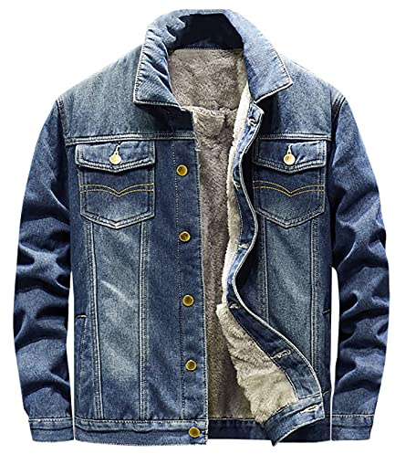 Mens Denim Jacket, Fleece Lined Denim Jackets for Men Casual Long Sleeve Button Down Trucker Jacket Outdoor Casual Wear Loose Fit Outerwear Classic Vintage Washed Jean Coat Plus Size