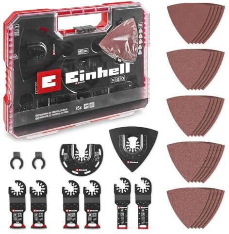 Original Einhell XL-Plus-CASE - Juego de 35 herramientas multiherramientas para madera (hojas de sierra de inmersión CV, hoja de sierra media redonda HCS, placa de respaldo Delta, papel de lija de