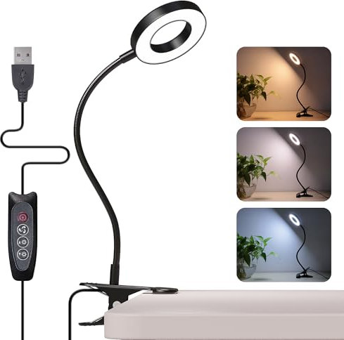 PVUEL klemmlampe bett 48 LED Leselampe Bett Dimmbar Schwarz 360° LED Klemmleuchten,3 Modi &10 Helligkeitsstufen, USB Nicht wiederaufladbar Clip Lampe für Nachtlesen ins Bett