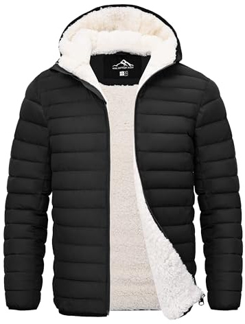 Peakwell Men's Sherpa Lining Warm Winter Fleece Jacket Outdoor Coat Down Quilted Parka, Black, XL