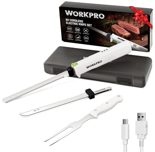 WORKPRO Cordless Electric Knife Set, 8V Electric Bread Knife with 2 Stainless Steel Blades & Fork, Electric Carving Knife for Steak, Ham & Bread, Storage Case Included, White