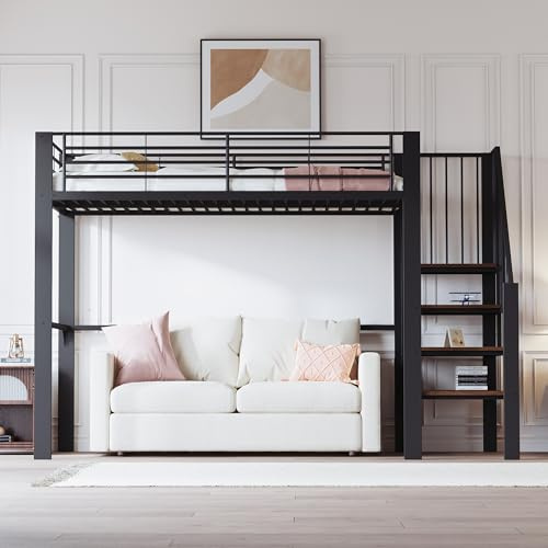 Arhatreya Loftsäng, 90 x 200 cm, barnsäng med metallkonstruktion, metallsäng med trappa, ungdomssäng, sängram med ribbotten, säng för barn, sovrum (utan madrass), svart