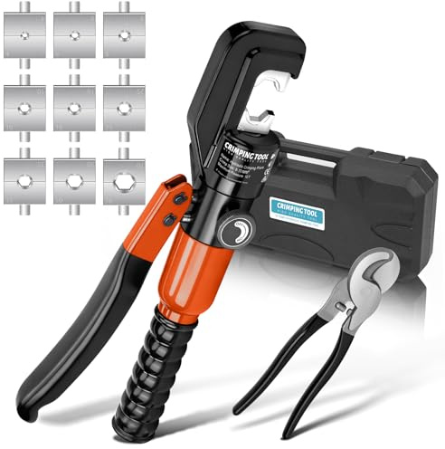 Hydraulische Crimpzange Presszange mit Kabelschere, 9 Sätzen der Crimpformen 4-70 mm² für Kabelarbeiten, Autoreparatur, Drahtgitter-Leitplanken Orange