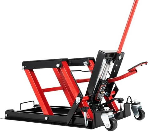 Plataforma elevadora hidráulica para motocicleta, 680 kg, para quad/ATV/UTV, altura de elevación de 36,5 cm con 3 pasadores de seguridad, elevador de taller con 2 ruedas giratorias y 2 ruedas de