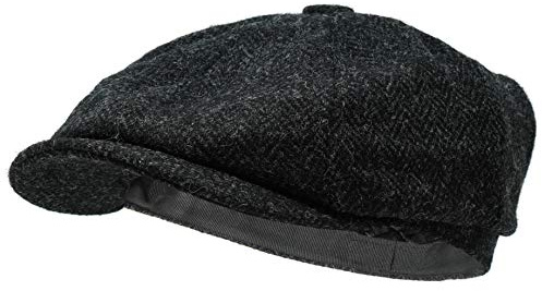 Borges & Scott Lomond Newsboy keps – 100% handvävd ull – Harris Tweed – vattentålig, Midnatt fiskben, L