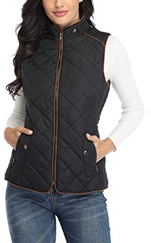 Dilgul Women's Quilted Vest Stand Collar Trendy Lightweight Zip Padded Vest with Pockets Black M