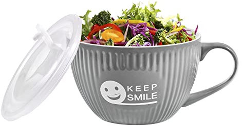 fMSDD Bol à soupe avec poignée, en céramique, grande tasse à soupe avec couvercle, passe au micro-ondes, grande tasse pour des nouilles instantanées rapides ou des repas faciles, sourire amusant