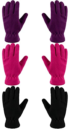Geyoga 3 Paar Kinder Vlies Handschuhe Winter Vollfinger Fäustlinge für Jungen Mädchen (Schwarz, Lila, Rosenrot, M (8-12 Jahre))
