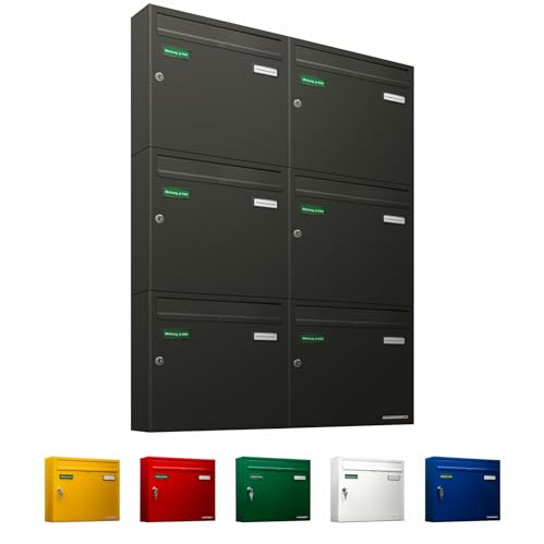 AL Briefkastensysteme Basic 6er Briefkasten DB 703 Eisenglimmer Grau 6 Fach DIN A4 wetterfest Briefkastenanlage mit Posthaltebügel und 2 Namensschildern