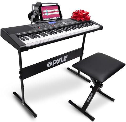 Pyle Keyboard, 61 Tasten- Keyboard Piano, Digital Piano- für Anfänger, E Piano- Set Inkl. Klavier Ständer, Hocker, Kopfhörer, Notenablage, LCD- Display, Tragbares Design, Perfekt um Keyboard zu lernen