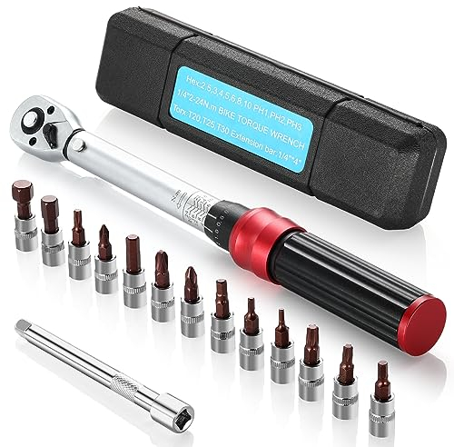 Mkitnvy Llave Dinamométrica Juego para bicicletas y motocicletas de 1/4 , 5-25 NM, con varilla de extensión de 100 mm, 72 dientes con precisión de error de ± 3% ajustable en dos direcciones