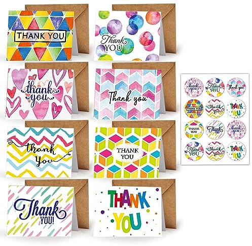 Yoolly 8 Pack Thank You Cards, Thank You Greeting Cards Multipack with Envelopes and Stickers, for Teachers, Graduation, Wedding, Family, Birthday, Business (Watercolor, 8 Card)