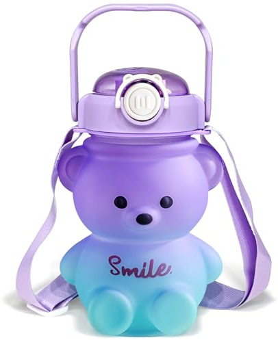 CLWVPCOT Bear Water Bottle, 32oz Cute Kawaii Teddy Bear Water Bottle with Straw & Adjustable Strap, Leak-Proof, Light Weight, BPA-Free, Durable & Safe Plastic Drinking Cup for Kids & Girls (Purple)