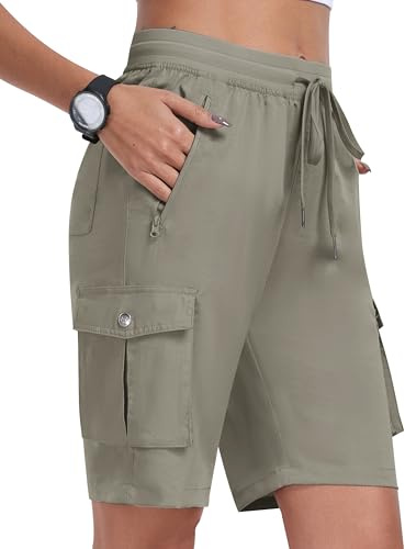 MoFiz Pantaloncini Cargo Trekking Donna Bermuda Estivi Pantaloni Corti Vita Elastica Leggeri Pantaloncini da Escursionismo Sportivi Jogging Casual Esterno con 6 Tasche Grigio Kaki Taglia EU L