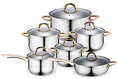 MIIKHI Cooking Pot, Frying pan,Cooking Tools 12 Piece Set Stainless Steel Cookware Set Kitchen Cookware Set Pots Pots & Pans Glass Lid (A) Vision