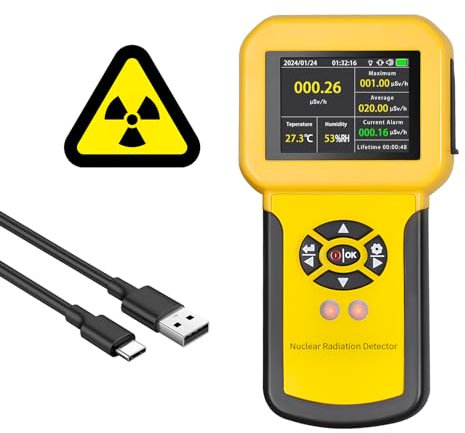 Contador Geiger, Detector de Radiación Nuclear con Pantalla LCD Detector Radioactivo Detecta Beta Gamma Rayos X Nivel CPM c/Alarma, Monitor de Radiación Recargable（Amarillo）
