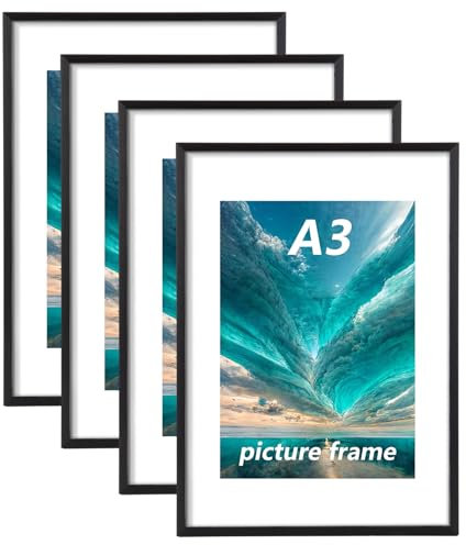 LOPYXBR 4 cornici portafoto A3, colore nero, 29,7 x 42 cm, formato DIN A3, cornice A3, moderna cornice in alluminio con vetro acrilico infrangibile