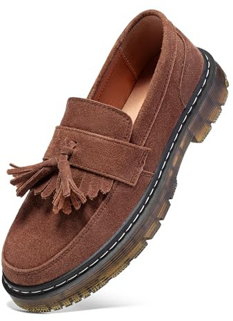 FLSHO Women's Classic Penny Loafer Platform Chunky Heel Loafer for Women Comfortable Womens Business Casual Shoes, Brown-Suede, 9 UK