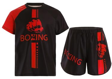 HULIJA Survêtements De Boxe Enfant Garçon Costume De Sport Muay Thai T-shirt Manche Court Short De Boxeur Tenue à Séchage Rapide De Fitness 5-16 Ans Rouge 11-12 ans