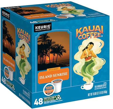 Kauai Coffee K-Cup Pods - Island Sunrise, 48 K-Cup Pods | Mild Roast, Arabica Coffee, 10% Hawaiian, For Keurig Brewers, Single Serve, Light with Bright Aroma