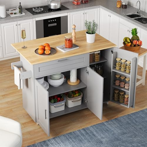 Huayz Carrello per isola da cucina con piano di lavoro pieghevole, armadio da cucina su ruote con cassetto e portaspezie e 3 ante, isola da cucina mobile, per cucina e sala da pranzo, 132,5 x 44 (70
