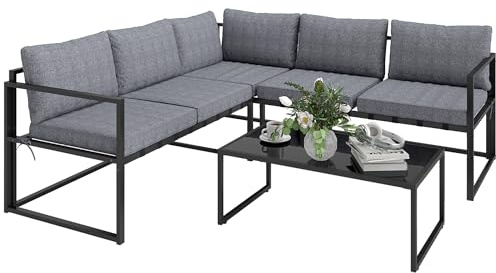 Outsunny 3 Piece L Shaped Garden Furniture Set with Cushions Loveseat Grey | Garden Corner Sofa Set, 3-Seater Sofa, Tempered Glass Top Table, for Outdoor