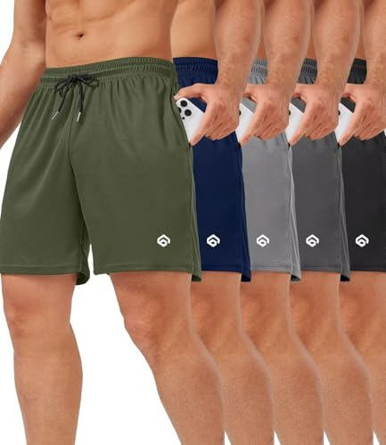 lomsoe Lot de 5 shorts de sport pour homme, 12,7 cm, en maille, séchage rapide, léger, pour l'été, la course, la gym, la course à pied, le jogging, actif, avec poches, Noir + gris foncé + gris clair +
