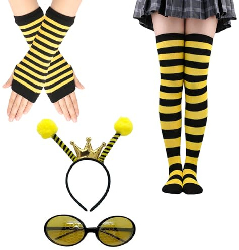 SKJAXF 4Pcs Bee Costume, Bee Headband with Sun Glasses Black Yellow Striped Knee High Stocking and Long Gloves for Kids and Adults, Animal Fancy Dress for Halloween, World Book Day, and Party Cosplay
