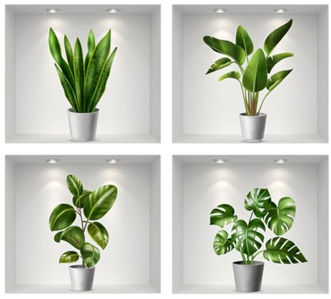 Auriselle 4 piezas 40 * 50 cm adhesivos decorativos macetas verdes, flores y jarrones - Decoración autoadhesiva en 3D para paredes plantas y hojas verdes - Cuadro moderno salón, oficina, hotel