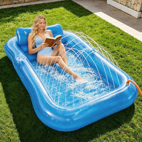 Balakaka Galleggianti da Piscina per Adulti 208×130 cm, Spray Design, Tanning Pool Sdraio Gonfiabile con Portabevande, Grande Materassino Gonfiabile Mare per Partito Spiaggia, Blu trasparente