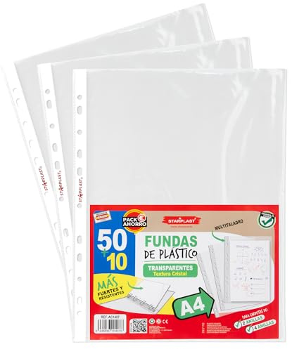 Starplast 60 Fundas de Plástico Transparentes A4 Textura Cristal, Multitaladro, Para Carpeta de 2 y 4 anillas, Estándar, documentos, archivos, Material Oficina