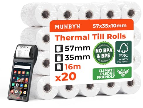 MUNBYN Rollo Papel Térmico 57mm x35mm x16m Papel Datafono, Papel Termico para Máquinas PDQ, POS, EPOS, Impresora Tickets- Papel TPV 57mm - Libre de BPA/BPS【20 Rollos】