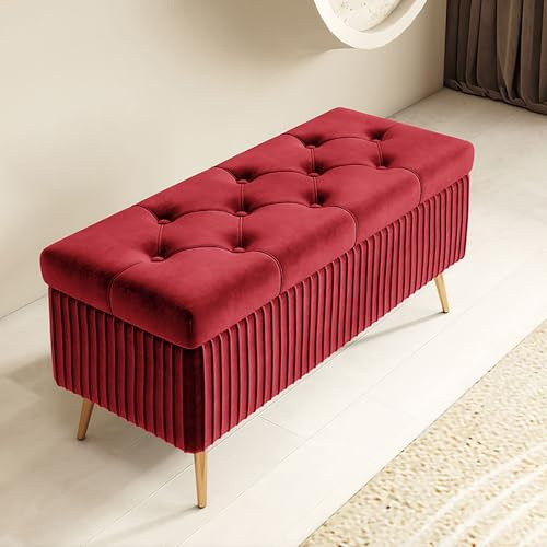Banc de rangement ottoman en velours, étagère à chaussures rembourrée en éponge pour chambre à coucher et salon, 40 cm, rouge vin, repose-pieds en bois massif pour entrée et dressing