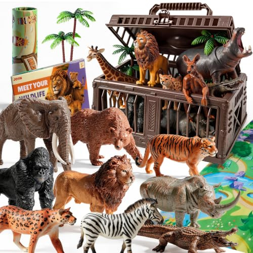 JOYIN Safari Animals Toys with Play Mat & Storage Cage & Educational Book | 17 PCS Realistic African Jungle Animals Figures & Trees, Zoo Plastic Animals for Toddlers, Toys for 3 4 5 Year Old Boys Gift