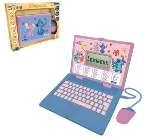 Lexibook, Disney Stitch, Laptop Educativo Bilingue, 124 attività (Inglese e Francese), Schermo da 2.8’’, Tastiera e Mouse Reali, Apprendimento e Giochi, Rosa e Blu, JC498DI1