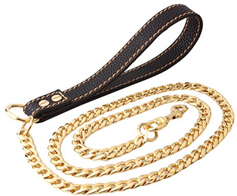 POPETPOP Hundeleine Golden Metal Long Gold Edelstahl Chew Proof Unzerstörbar Cool Leine Chain Link für Pet Durable mit Ledergriff