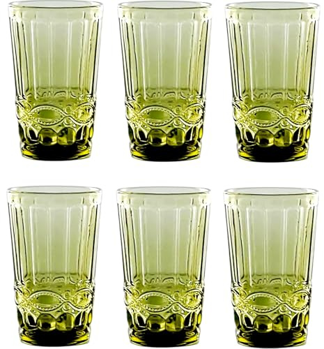 GMMH Lot de 6 verres à vin colorés et verres à boire avec embossage en relief (nœud, vert, verre à boire) Verre à vin, calice, verre à eau, verre à long drink, verres à cocktail, verre, verres à vin