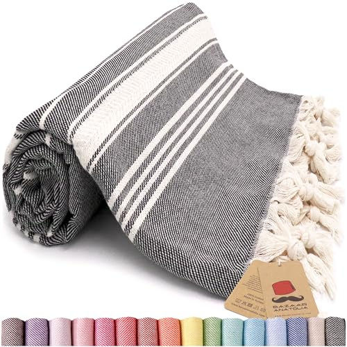Bazaar Anatolia Turkish Beach Towel, 100% Cotton, 71x39 in, Stripe Black