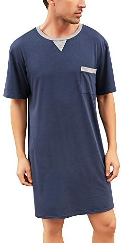 Enjoyoself Pijama de algodón para Hombre, Suave, Transpirable, Longitud hasta la Rodilla, Camisa de Noche de Manga Corta, Ropa de Dormir para Descansar