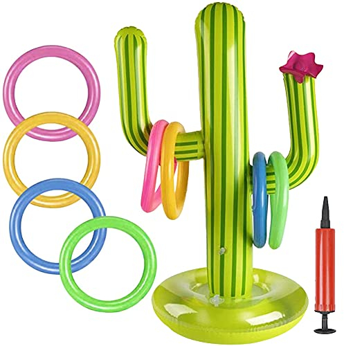 BESTZY Ringwurfspiel Aufblasbare, 10 Stück Aufblasbares Kaktus Ring Wurf Spiel Set 1 Aufblasbaren Kaktus, 8 Farbe Aufblasbare Ringe und 1 Luftpumpe für Sommer Hawaii Kindergeburtstag Party