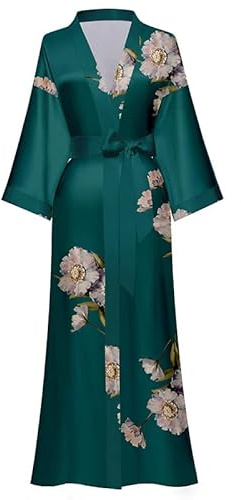 EORUBE Long Kimono Robe Women Cover Up Print Floral Satin Sleepwear Silky Bathrobe Bachelorette Robe (Dark Green - Breeze at Dusk)