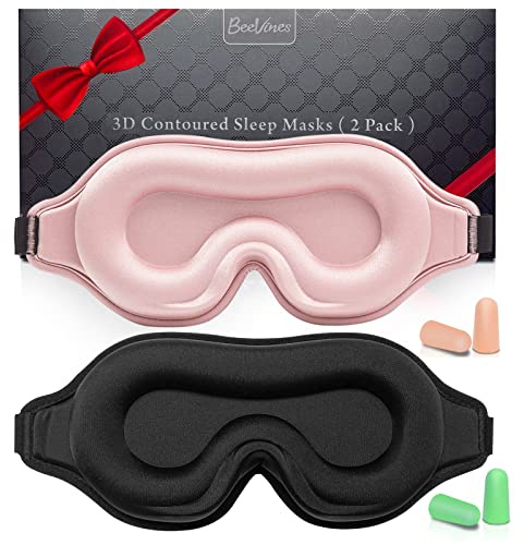 BeeVines 2 Pack 3D Contoured Sleep Mask Sleeping Eye Masks for Lash Extensions, Night Molded Mask with Adjustable Strap, 100% Block Light Eye Shade Cover for Traveling Yoga Nap