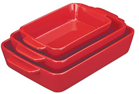 Relaxdays Auflaufform Set, 3 Größen, Keramik, eckige Ofenformen für Lasagne, Gratin, Tiramisu, spülmaschinenfest, rot, 6 x 33 x 20 cm